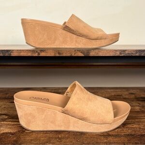 Carlos Delphina Tan Platform Wedge Slip‎ On Slide Faux Suede Sandals Women's 7.5